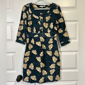 Boden Tan and Blue Floral Corduroy  Dress with Cuffed 3/4 Sleeves